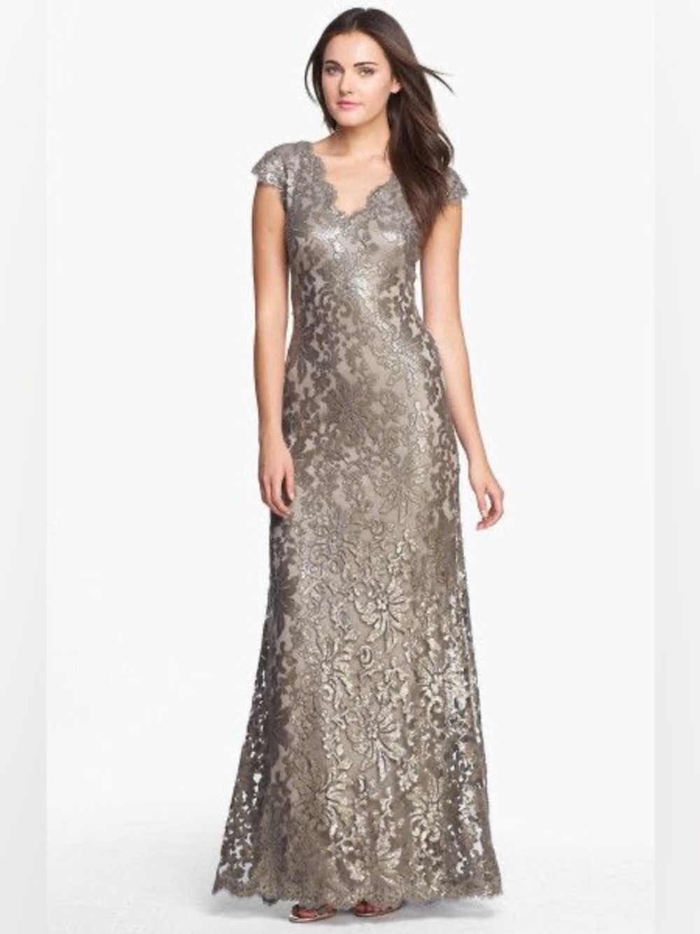 Tadashi Shoji Elegant Metallic Lace Evening Gown Maxi Dress Formal Wedding Guest